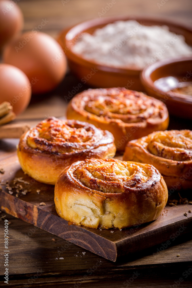 close up of cinnamon rolls with cheese, Golfeados close up of cinnamon rolls with cheese, Golfeados
