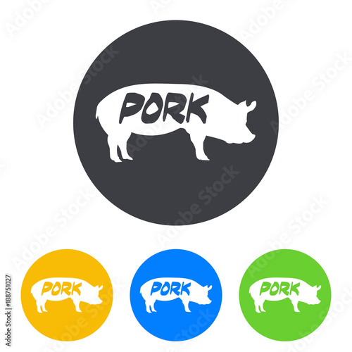 Icono plano PORK en cerdo en circulo varios colores