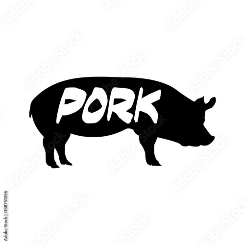Icono plano PORK en cerdo negro en fondo blanco