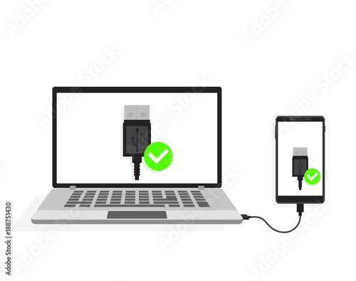 USB connection of the laptop to the smartphone. Vector illustration