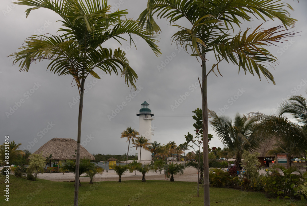 White lighthouse among palm trees 