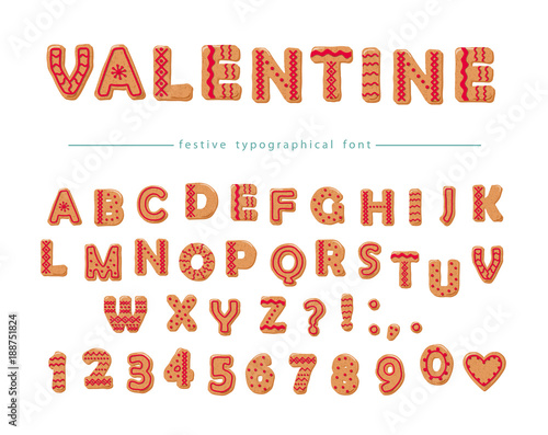 Cookie hand drawn decorative font. Cartoon sweet ABC letters and numbers. Perfect for Valentine's day cards, cute design for girls.