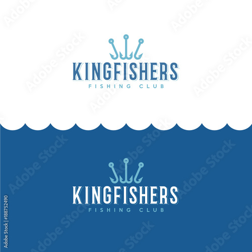 Kingfisher logo. Fishing or fishing equipment store logo. Fishermen's Club of the Emblem. Fishing is a sport club. Hooks as a crown and letters.