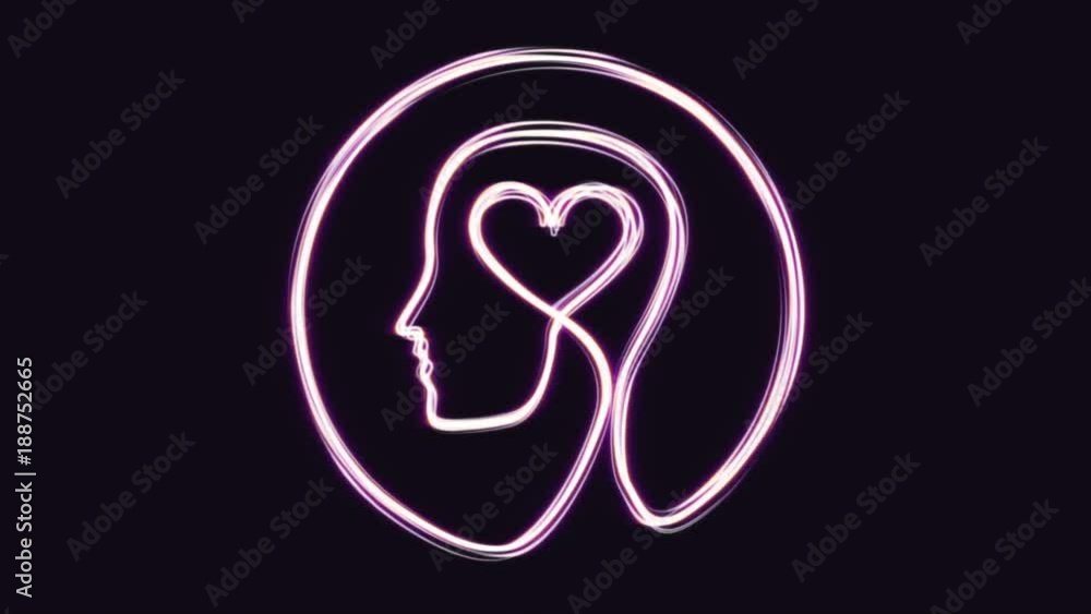 Purple silhouette head and human brain with heart Purple silhouette head and human brain with heart