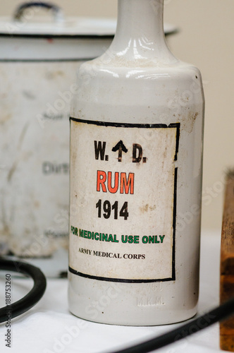 Bottle of rum from 1914, as used by the Army medical corp for medical purposes (as an anaesthetic during operations amputations) photo