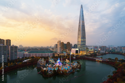 South Korea skyline of Seoul, The best view of South Korea with Lotte world mall at Jamsil in Seoul.