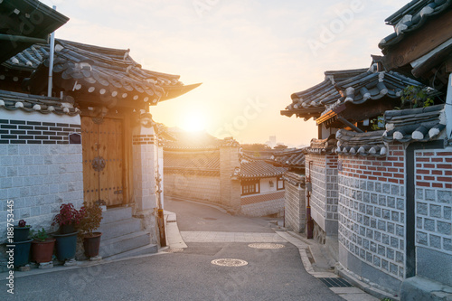Photography Traditional Korean style architecture at Bukchon Hanok Village in Seoul, South Korea
