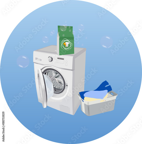 Picture a washing machine with powder and a container of clean clothes
