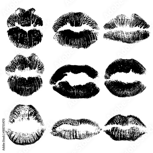 Print of black gothic lips set. World kiss day, Valentine's day design elements. Vector.