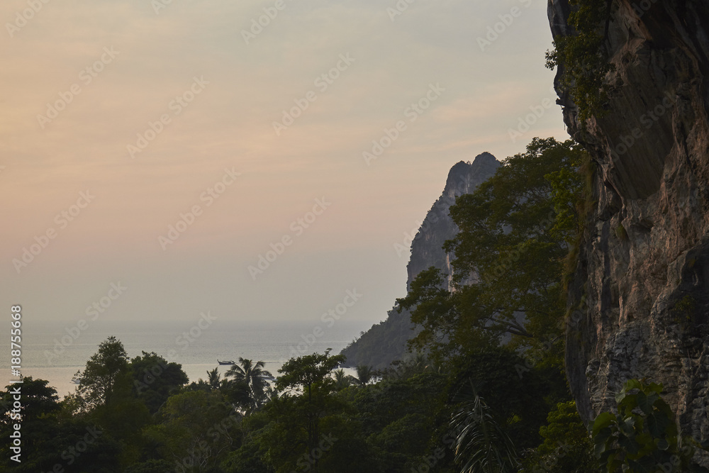 Andaman sea and cliffs in early morning, Railay Beach, Krabi Provence, Thailand