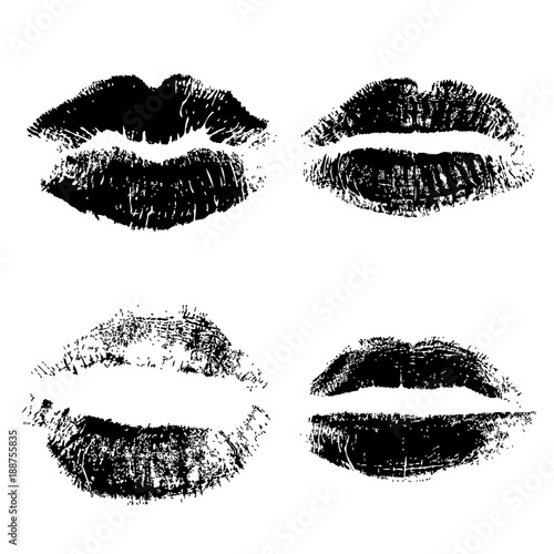 Set of lips or lip shaped women kiss print. Valentines or mother's day design element. 8 March Women's Day or love, sex, symbols. Girl kisses lips stain isolated on background. Vector.