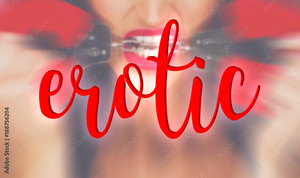 Emulación orden Para un día de viaje Sexy woman with red lips bite handcuffs banner, word erotic foto de Stock |  Adobe Stock