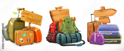 Travel. Bag, backpack, suitcase and wooden sign