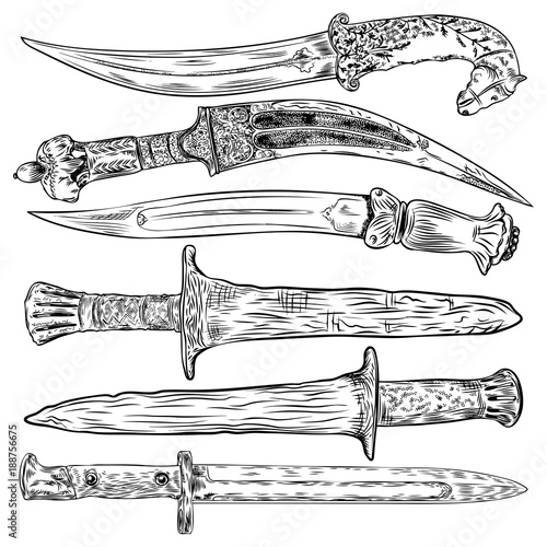 Set of Swords and knifes. Hand drawing vintage steel arms isolated. Vector.