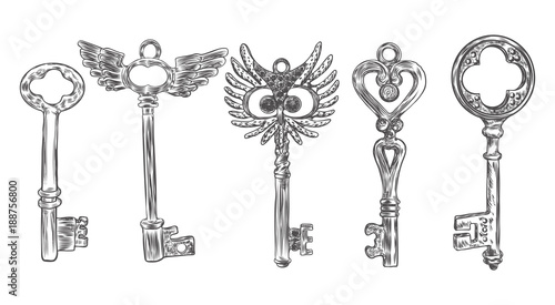 Big set of retro keys, vintage style. Key collection illustration for antiques decoration.  Ornamental medieval collection. Hand drawn old realistic design Vector.