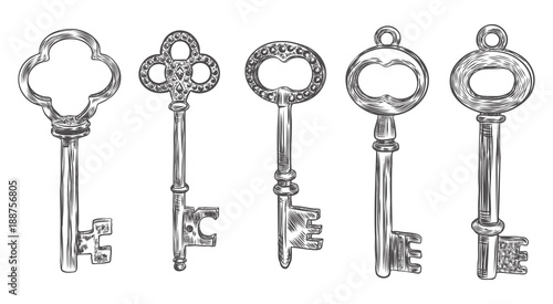 Big set of retro keys, vintage style. Key collection illustration for antiques decoration.  Ornamental medieval collection. Hand drawn old realistic design Vector.