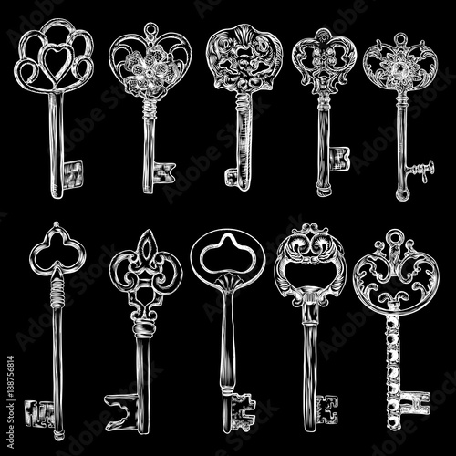 Big set of retro keys, vintage style. Key collection illustration for antiques decoration.  Ornamental medieval collection. Hand drawn old realistic design Vector.