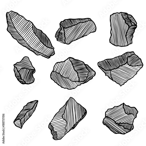 Rock stone hand drawn style. Big set of different boulders. Collection of illustrated cracked and damaged stones rubble architecture design. Gold nugget or prill. Vector.