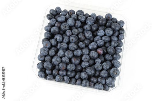 Fresh blueberry in the plastic box isolated on white background