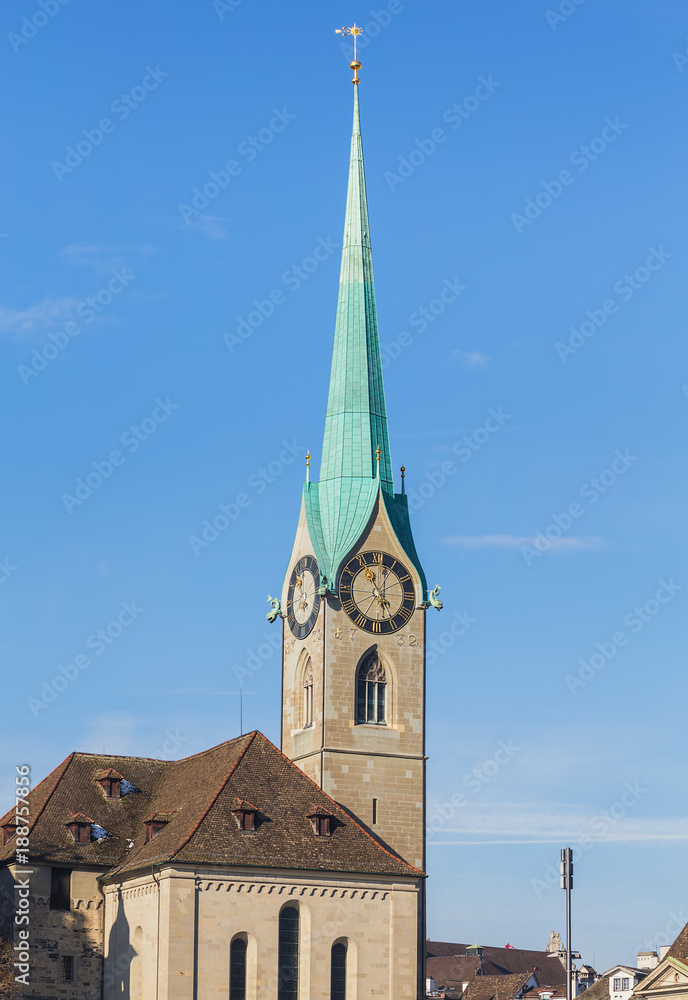 Clock tower of the Fraumunster cathedral in Zurich, Switzerland - a well-known architectural landmark of the city