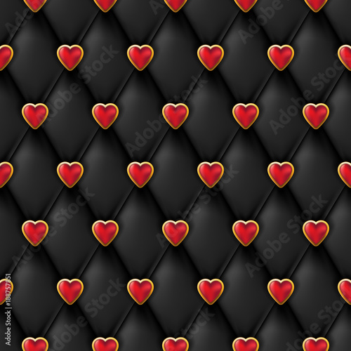 Seamless black leather texture with shiny red golden hearts buttons. Vector s...