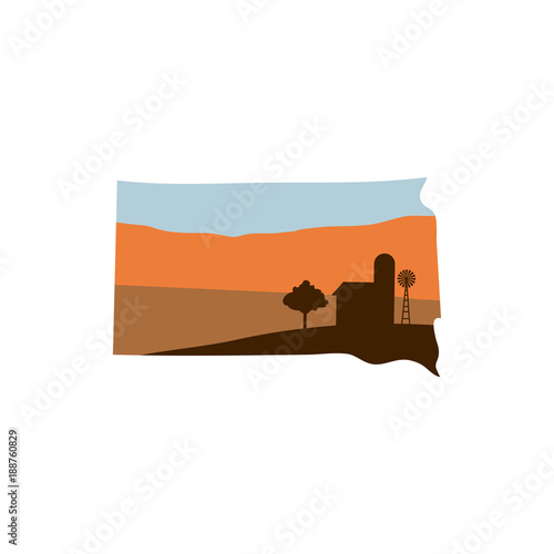 South Dakota State Shape with Farm at Sunset w Windmill, Barn, and a Tree