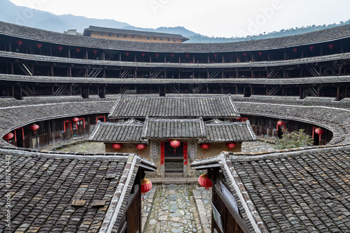 Jiqing Lou in ChuXi Cluster, Fujian Province, China. The tulou are ancient earth dwellings of the Hakka people, still inhabited by local communities