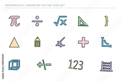 A set of outline vector icons on a theme school education. Subject of mathematics. Ruler, euglon, numbers, signs.