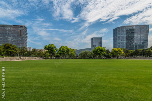 beautiful green meadow near modern office building.