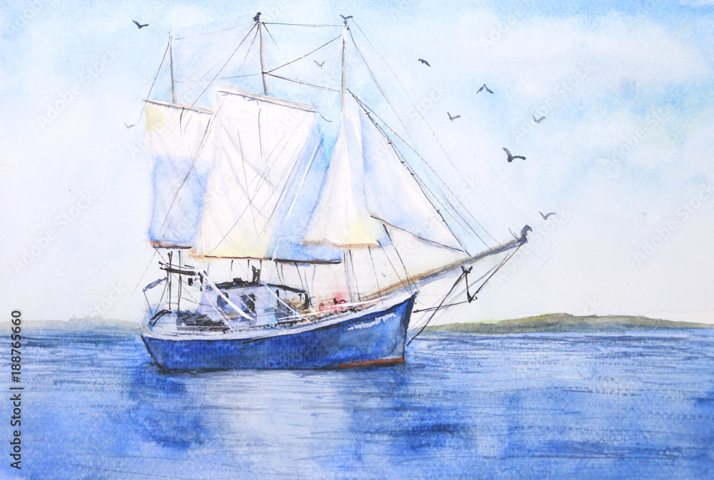 watercolor boat landscape sky with birds