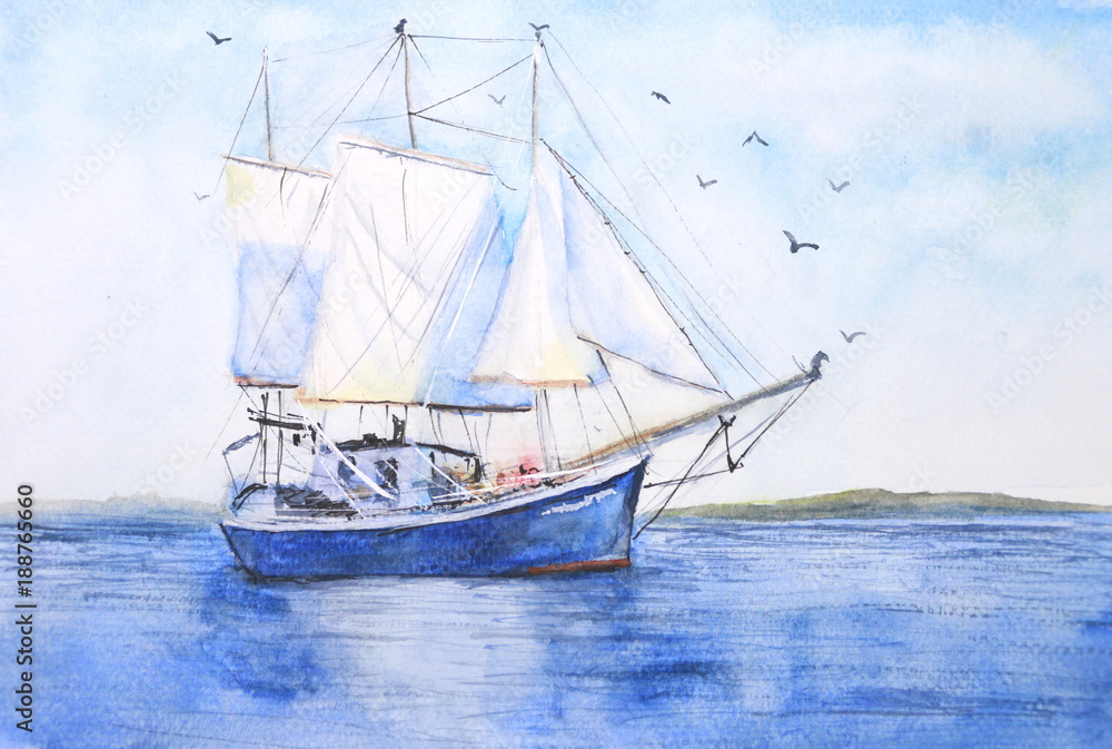 watercolor boat landscape sky with birds watercolor boat landscape sky with birds
