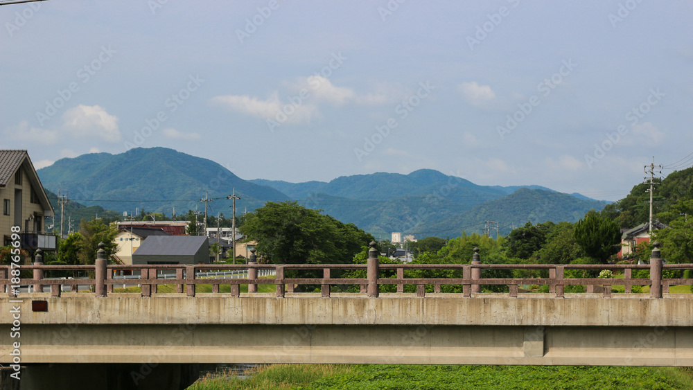 The Exterior View of a Part of Yamaguchi City, Japan, View from the Riverside.