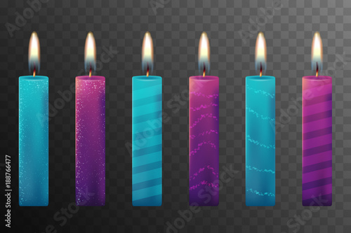 Burning candles set. Aromatic decorative round cylindrical candle sticks with burning flames on transparent background
