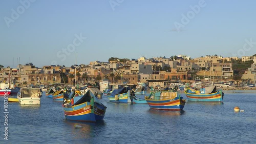 Multi-Coloured Fishing Boats & Town; Marsaxlokk Harbour; Marsaxlokk, Malta