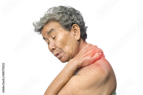Old woman felt a lot of anxiety about shoulder and neck pain on white background,Illness of the elderly problem concept