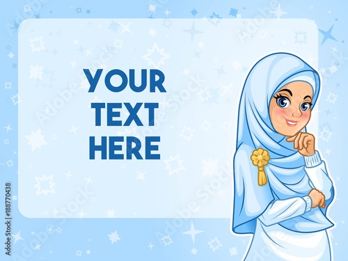 Muslim woman wearing hijab veil having her hand under chin with text space cartoon character design, against blue background, vector illustration.