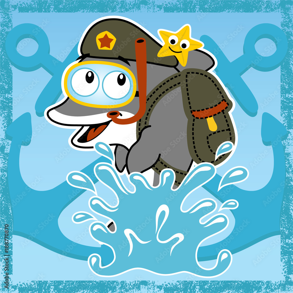 Funny dolphin cartoon vector with military uniform 