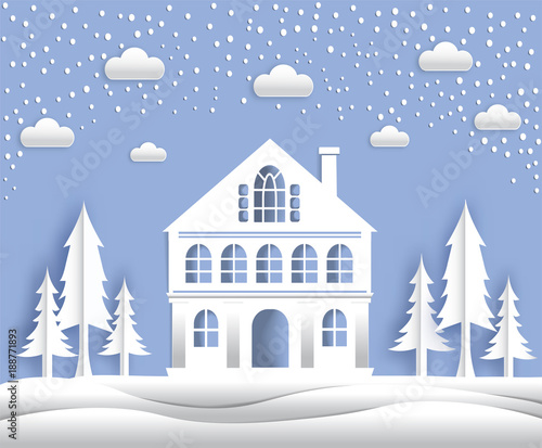 The paper art the big house, the middle of the winter, the trees, the clouds, the snow and the sky. © Ja21