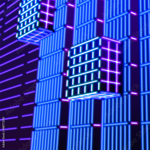 Neon background with ultraviolet 80s grid landscape