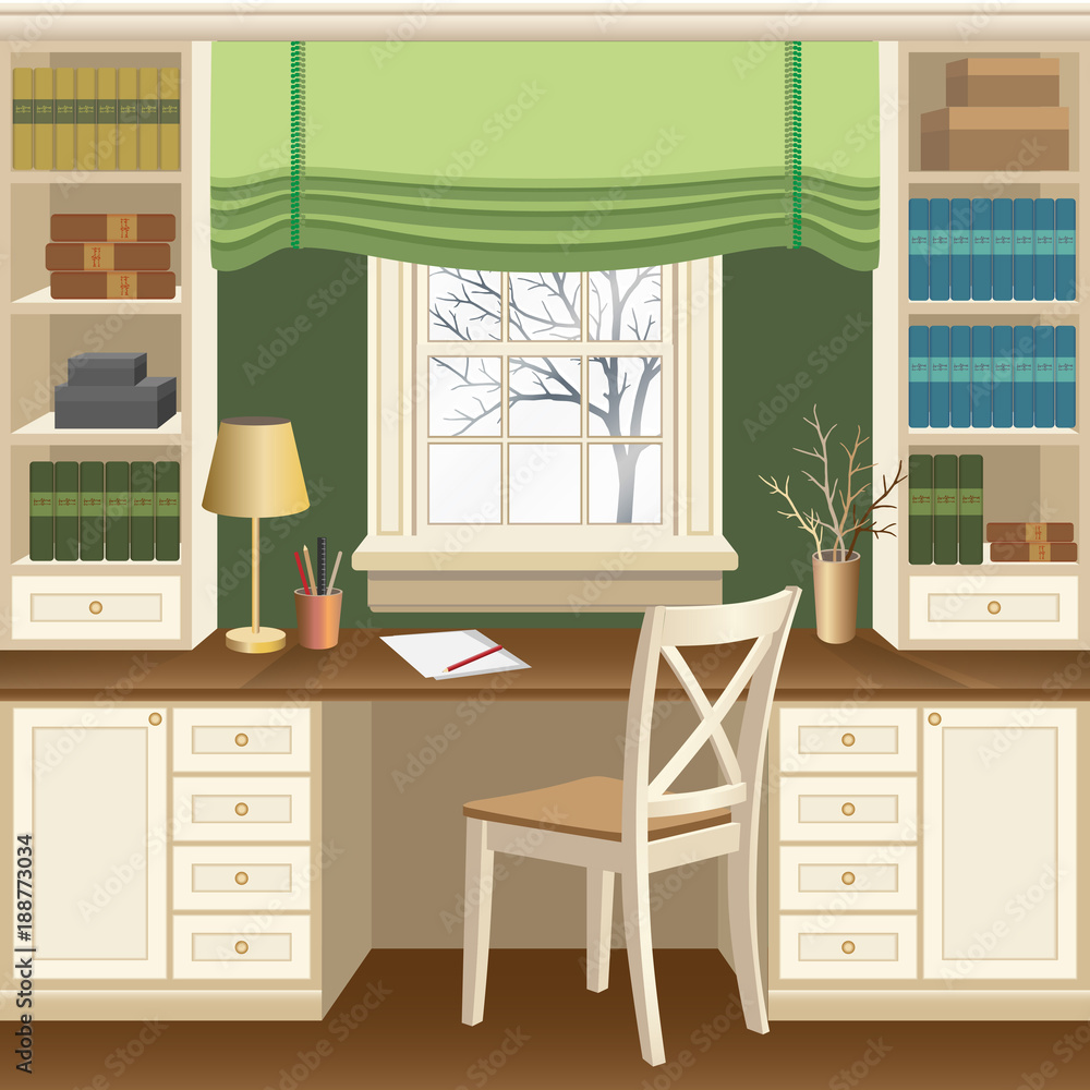 Home office or study room interior with table below the window, bookcases  and chair. Home office in classic style, wooden furniture. Vector  illustration 3d cartoon style Stock Vector | Adobe Stock