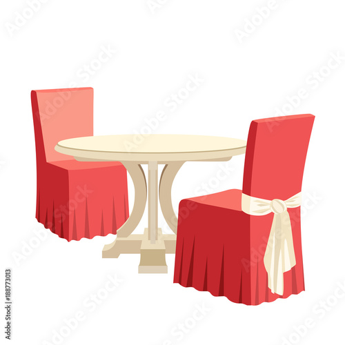 Classic round dining table and two chairs with seat cover. Textile cover for a chair with bow. Vector illustration isolated on white background