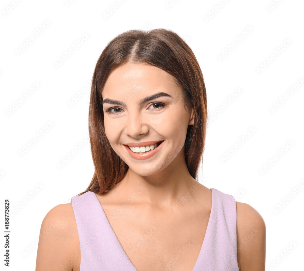 Young beautiful smiling woman on white background Young beautiful smiling woman on white background