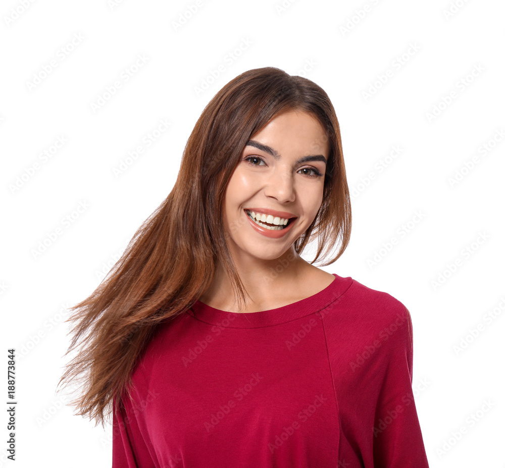 Young beautiful smiling woman on white background Young beautiful smiling woman on white background
