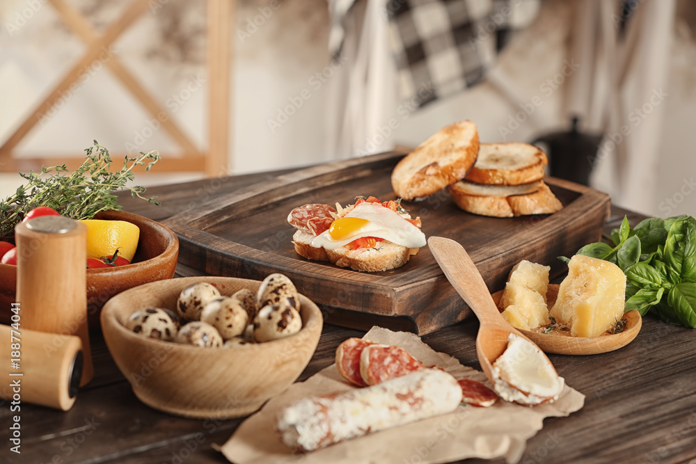 Woman preparing delicious bruschettas on table Woman preparing delicious bruschettas on table