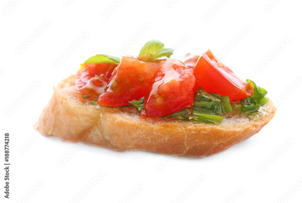 Tasty bruschetta with tomatoes on white background Tasty bruschetta with tomatoes on white background