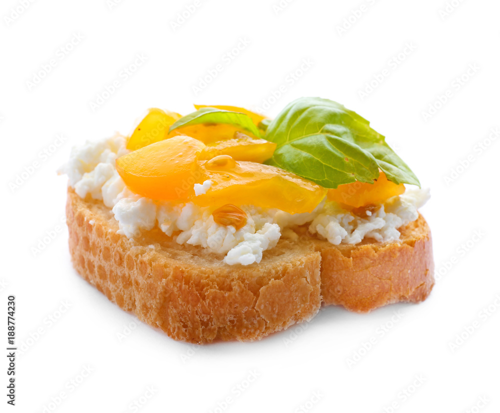 Tasty bruschetta with tomatoes and cheese on white background Tasty bruschetta with tomatoes and cheese on white background
