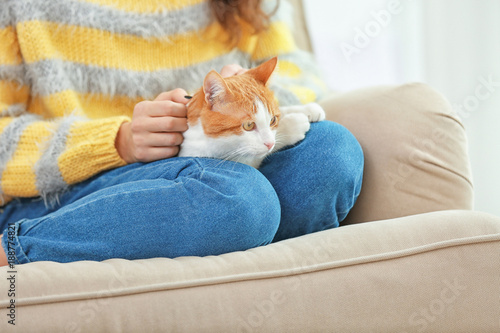 Young woman with cute cat on sofa at home
