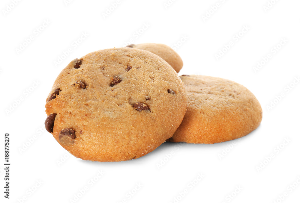 Delicious oatmeal cookies with chocolate chips on white background