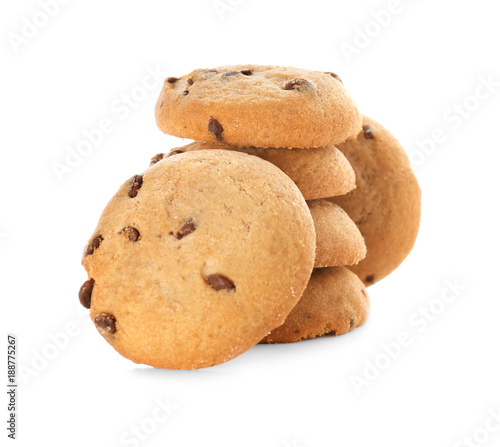 Delicious oatmeal cookies with chocolate chips on white background