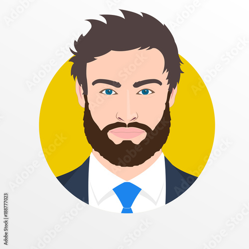 Male face avatar. Man with beard in the suit, shirt and necktie portrait. Businessman icon. Vector illustration.